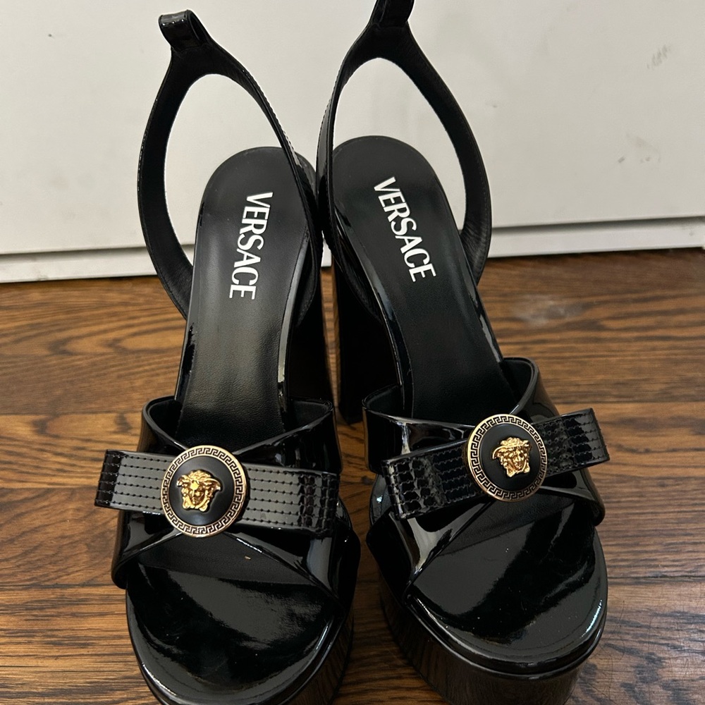 Versace Black Platform Heels with Gold Medusa Detail